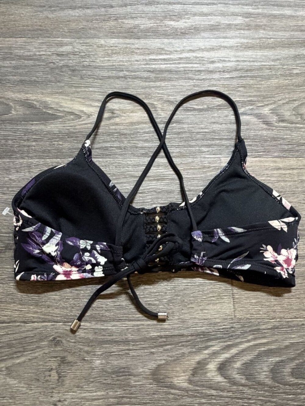 Ambrielle Floral Lace Up Front Bikini Top Medium Black Purple Adjustable Swimwea - Picture 2 of 7